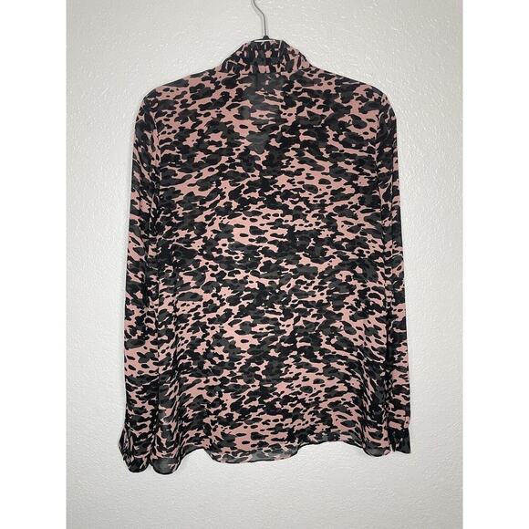 Cabi Pink Black Camo Neck Tie Long Sleeve Sheer Blouse Size Medium - Picture 3 of 10